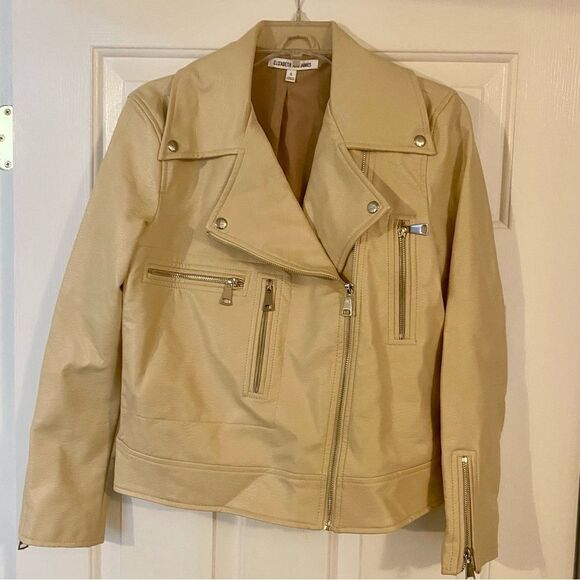 EUC Faux Leather Elizabeth & James Tan Motorcycle Jacket Sz Sm Front Silver Zip - Picture 1 of 6